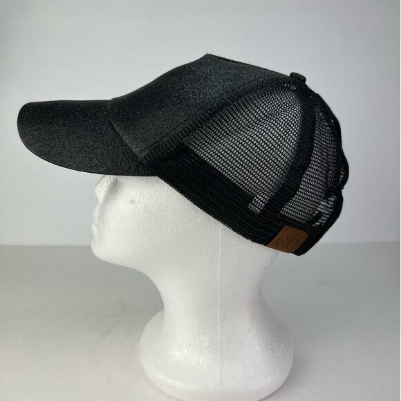 C.C. Cap PonyTail Black Shiny Glitter Adjustable Snapback Mesh Trucker Hat - Picture 4 of 7